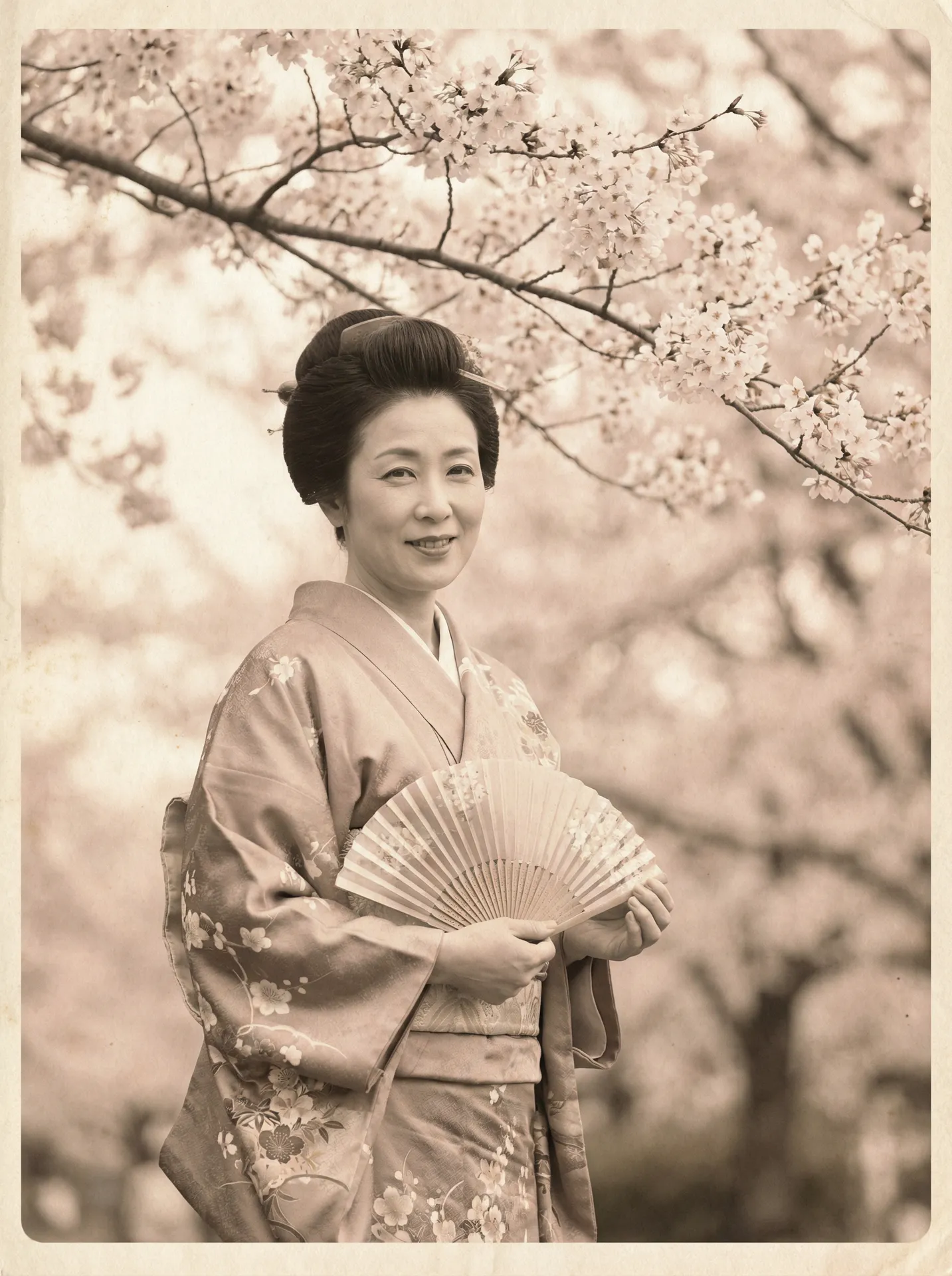 一位持扇的优雅 小泽玛莉电影 在樱花树下的复古写真