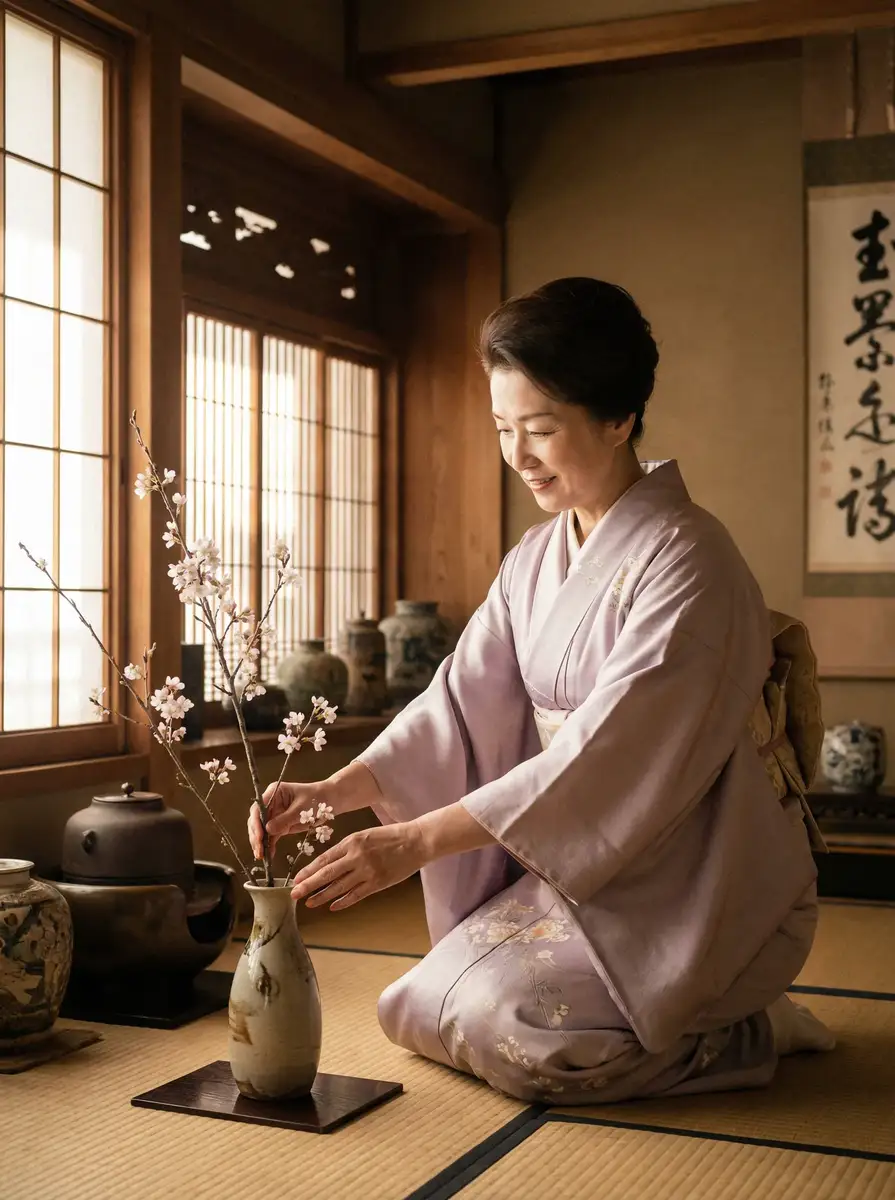 一位优雅的 小泽玛莉电影 在和室中插花